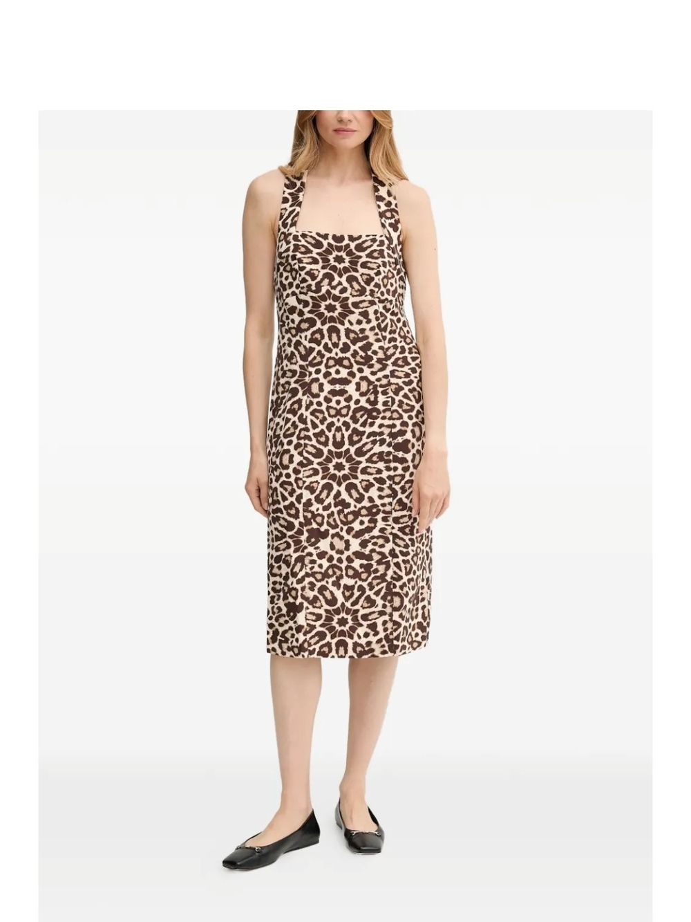 DKNY NWT Animal Print Midi Dress Size 6 Cross Back Sheath Brown Beige MSRP $134